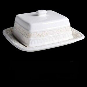 Ceramic Butter Dish by Lourdes adorned with a Soft Floral Leaf Pattern